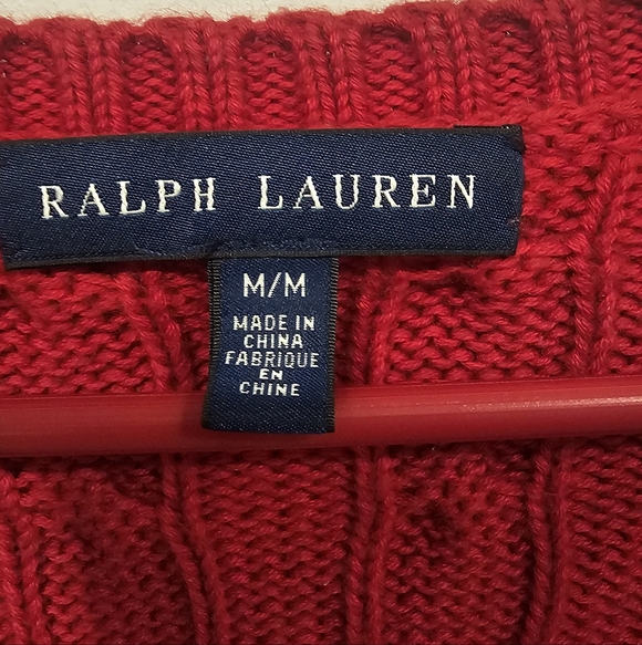 NWOT L-RL Women's V-Neck Cable Knit Red Sweater With Gold Logo Size-M - Picture 8 of 8